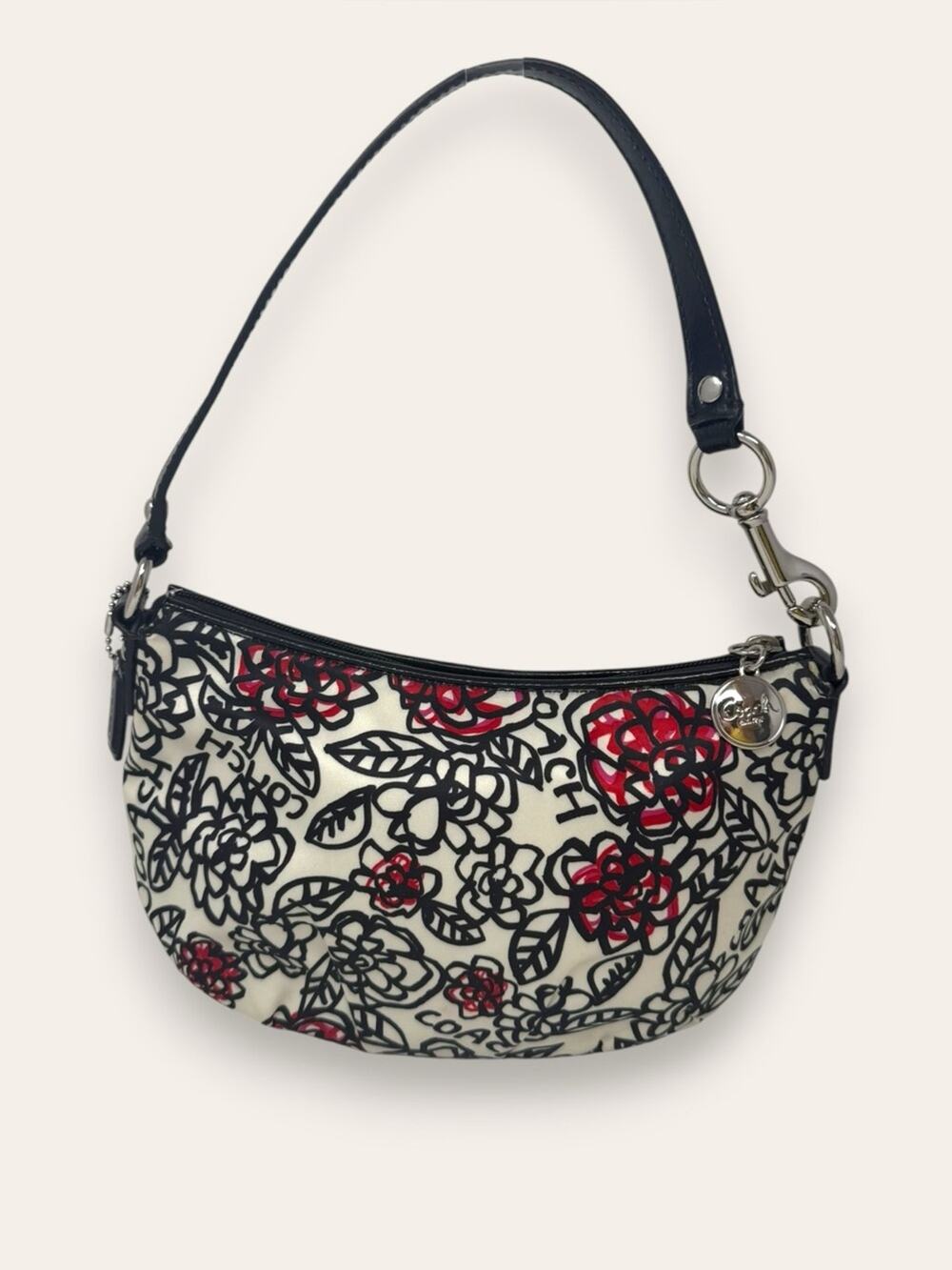 Coach Poppy Floral Graffiti Shoulder Mini Bag Y2K Satin with Leather Trim Zip